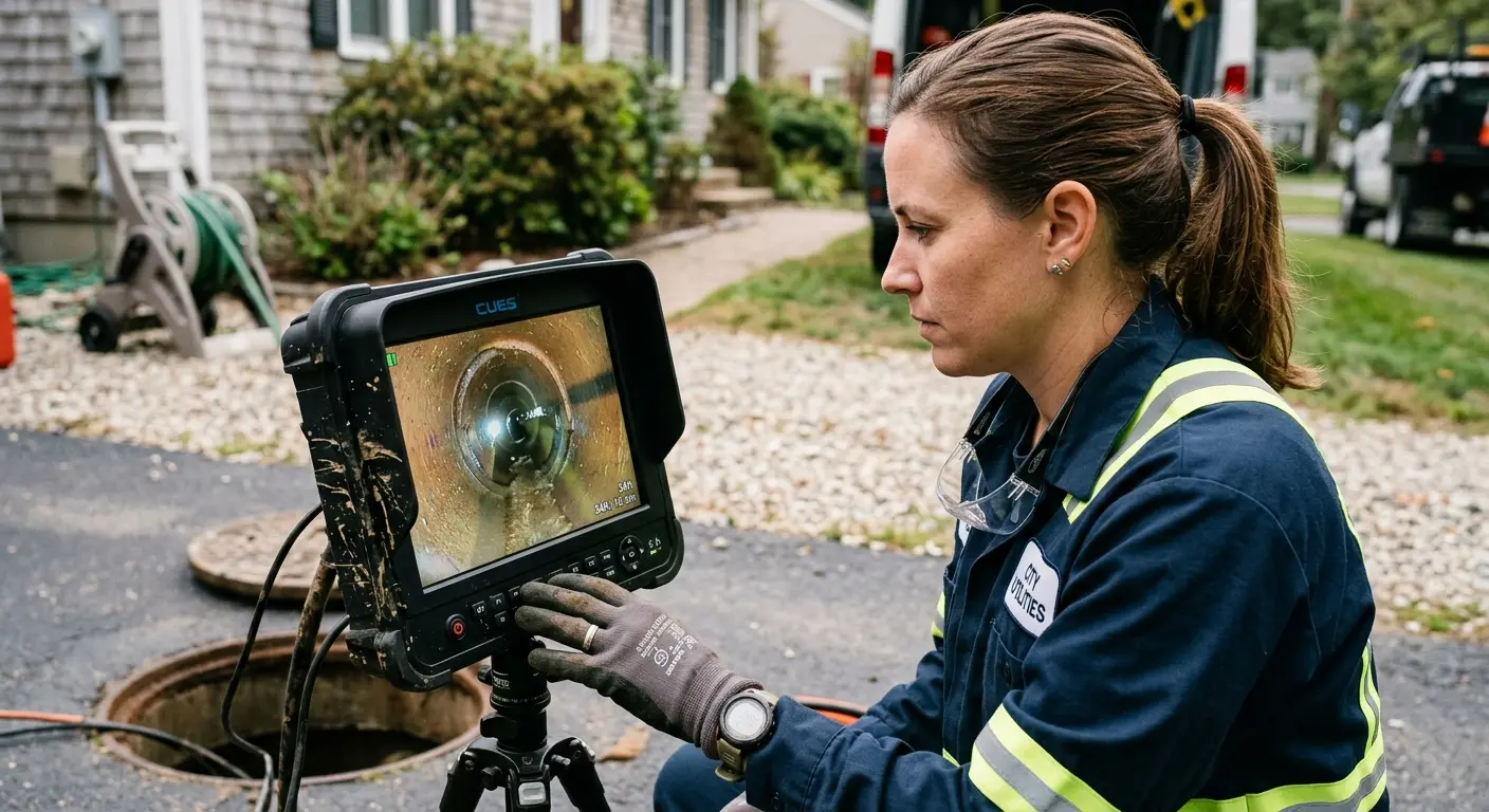 Technician reviewing sewer camera inspection footage in Perkasie