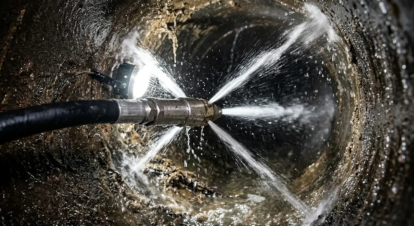 High-pressure hydro jetting nozzle cleaning sewer pipe for Trenchless Sewer Repair in Perkasie