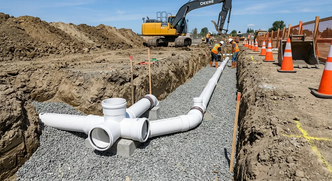 New PVC sewer pipe installation in open trench for Commercial Drain Cleaning in Perkasie
